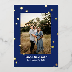 Navy Simple Shiny Stars One Photo Happy New Year Foil Holiday Card