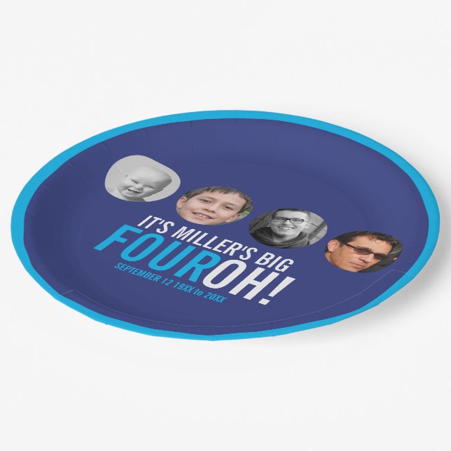 Navy sky blue 40th Four OH! photo birthday party Paper Plate (Angled)