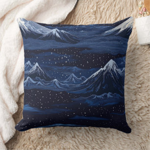 Navy Snow Mountain Starry Night Landscape Pattern Throw Pillow