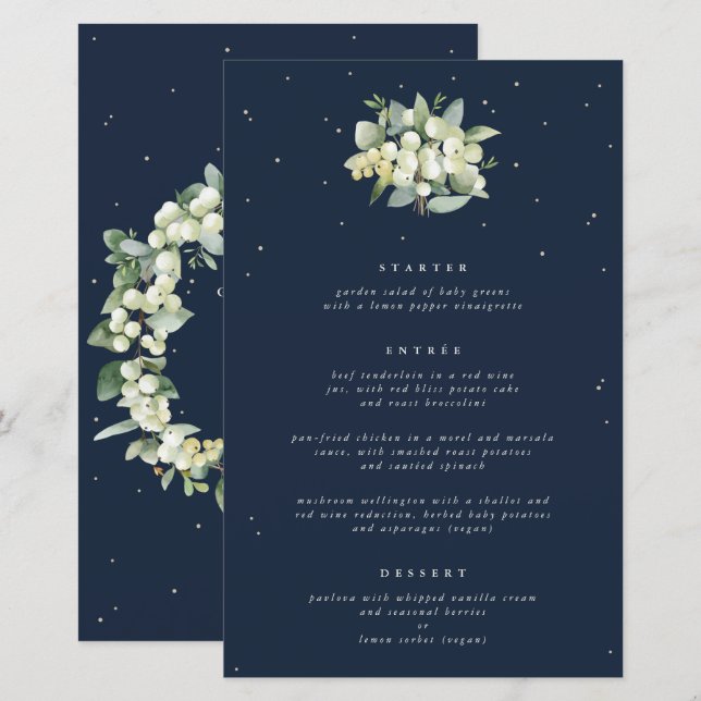 Navy Snowberry+Eucalyptus 3 Course Wedding Menu (Front/Back)