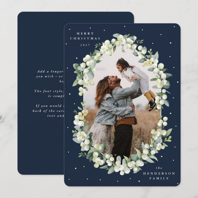 Navy Snowberry+Eucalyptus Christmas Photo Holiday Card (Front/Back)