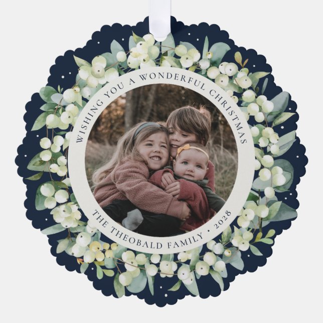 Navy Snowberry+Eucalyptus Christmas Wreath Photo  Ornament Card (Front)