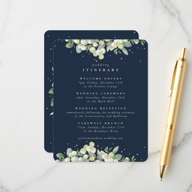 Navy Snowberry+Eucalyptus Edged Wedding Itinerary Enclosure Card (Front/Back In Situ)