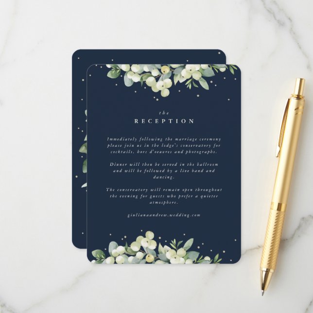Navy Snowberry+Eucalyptus Edged Wedding Reception Enclosure Card (Front/Back In Situ)