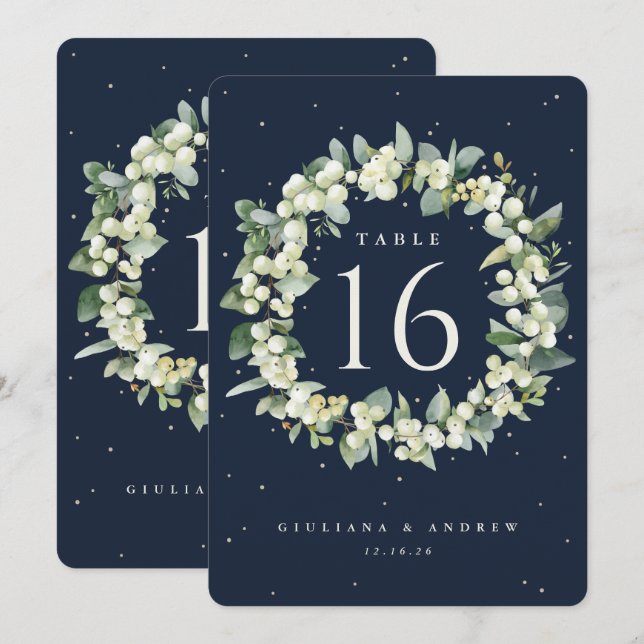Navy Snowberry+Eucalyptus Mariage Numéro de table (Devant / Derrière)