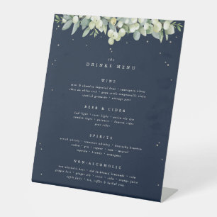 Navy Snowberry+Eucalyptus Wedding Drinks/Bar Menu Pedestal Sign