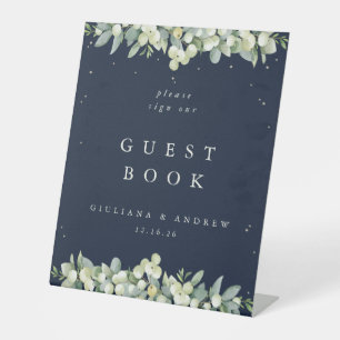 Navy Snowberry+Eucalyptus Wedding Guest Book Pedestal Sign