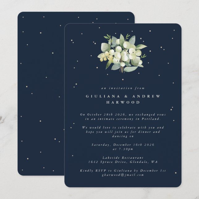 Navy Snowberry+Eucalyptus Wedding Reception Invitation (Front/Back)