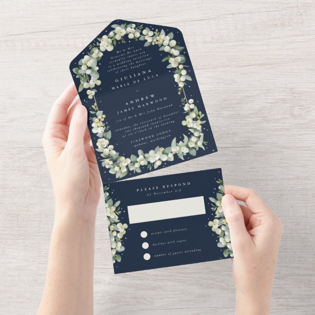 Navy Snowberry+Eucalyptus Wedding Reception Only All In One Invitation (Tearaway)