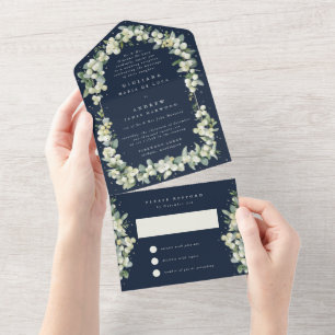 Navy Snowberry+Eucalyptus Wedding Reception Only All In One Invitation
