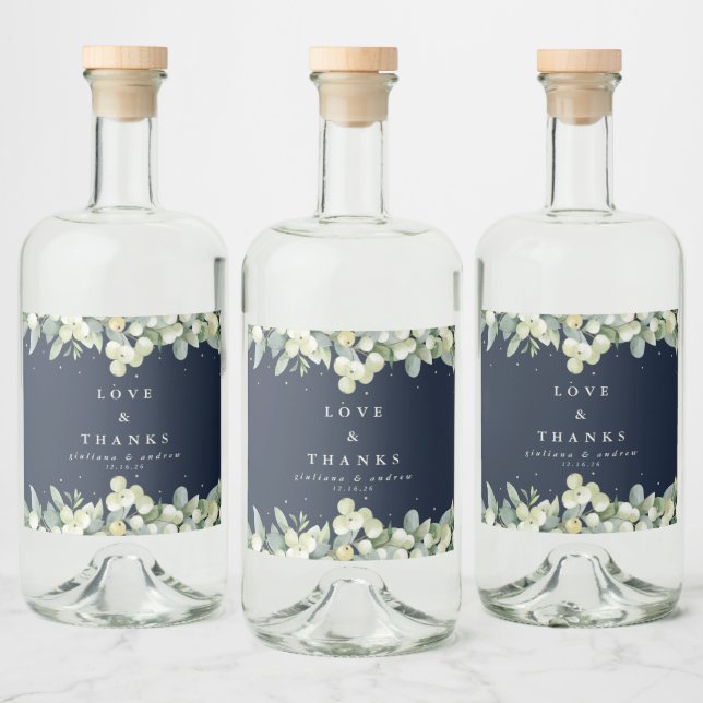 Navy Snowberry+Eucalyptus Winter Wedding Liquor Bottle Label (Bottles)