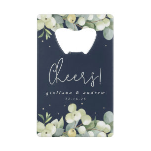 Navy Snowberry+Eucalyptus Winter Wedding Mini Credit Card Bottle Opener