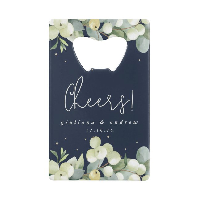 Navy Snowberry+Eucalyptus Winter Wedding Mini Credit Card Bottle Opener (Front)