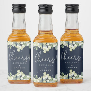 Navy Snowberry+Eucalyptus Winter Wedding Mini Liquor Bottle Label
