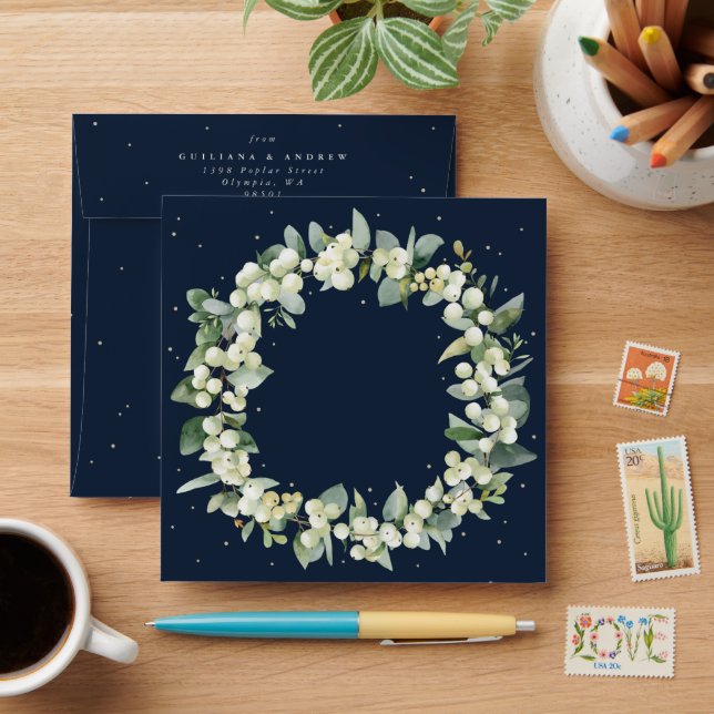 Navy Snowberry+Eucalyptus Wreath Square Envelope (Desk)