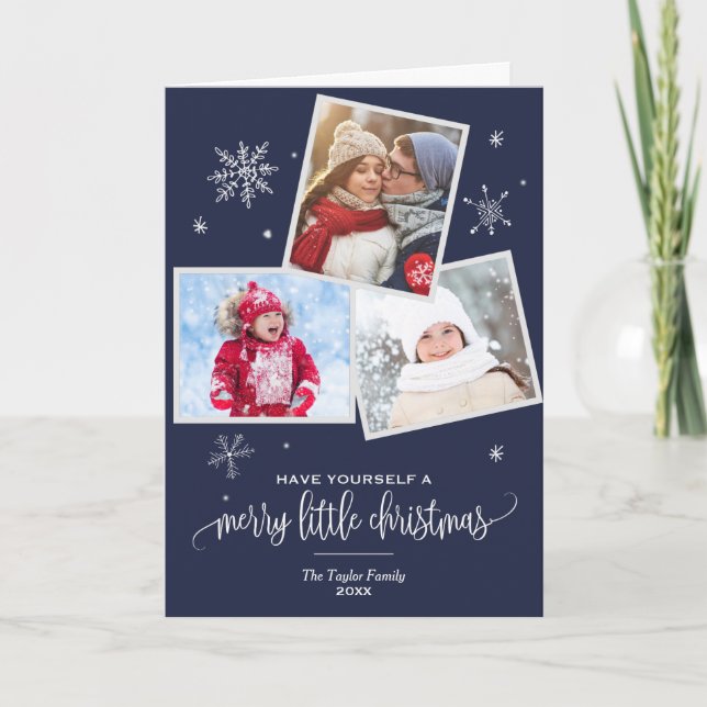 Navy Snowflake | 3 Photo Christmas Photo Holiday Card (Front)