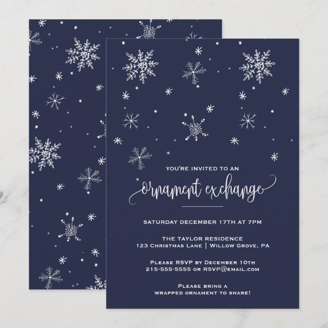 Navy Snowflake Ornament Exchange Party Invitation (Front/Back)