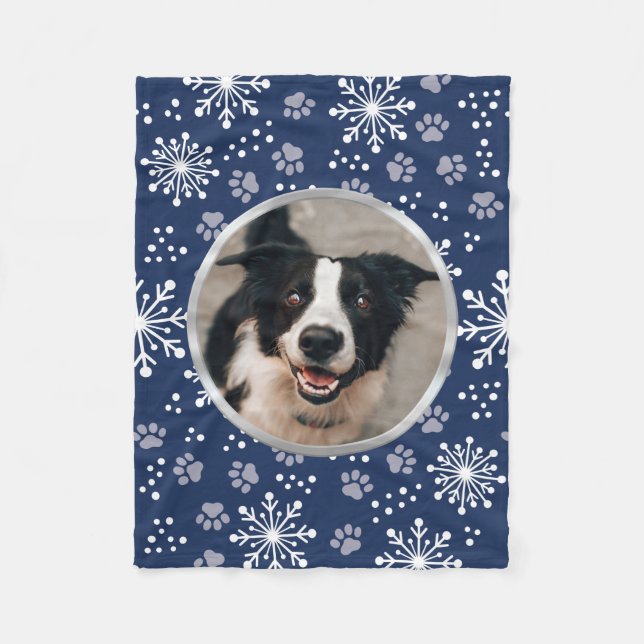 Navy Snowflake Paw Pattern Pet Photo Fleece Blanket (Front)