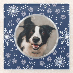 Navy Snowflake Paw Pattern Pet Photo Glass Coaster