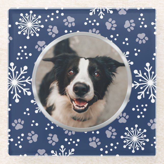 Navy Snowflake Paw Pattern Pet Photo Glass Coaster (Front)