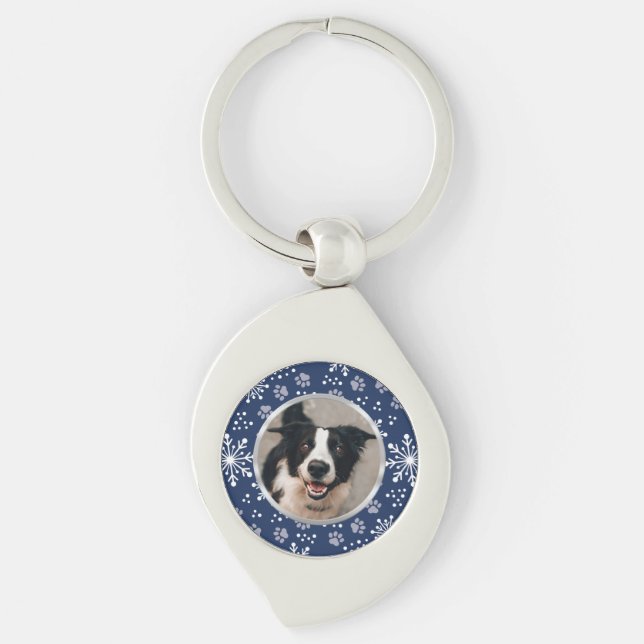 Navy Snowflake Paw Pattern Pet Photo Keychain (Front)