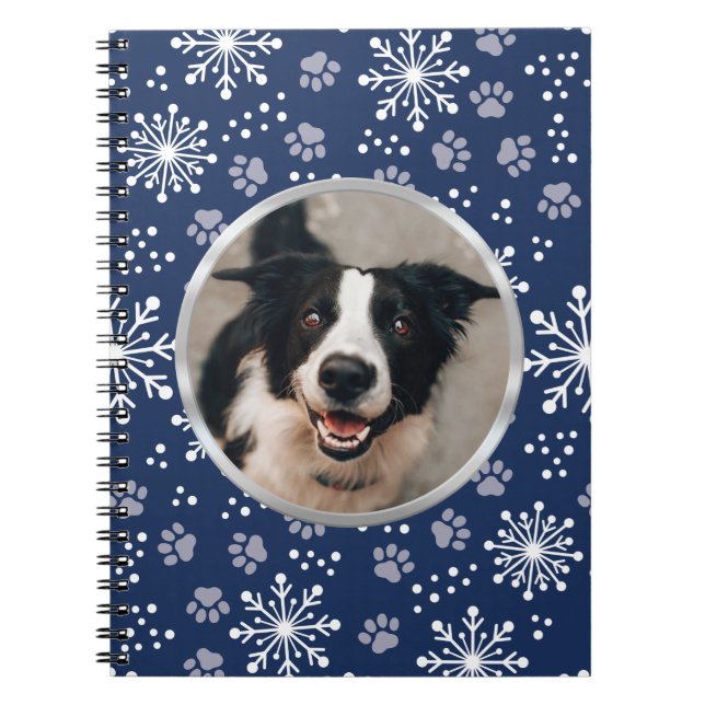 Navy Snowflake Paw Pattern Pet Photo Notebook (Front)