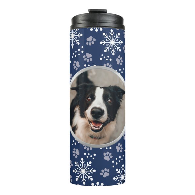 Navy Snowflake Paw Pattern Pet Photo Thermal Tumbler (Front)