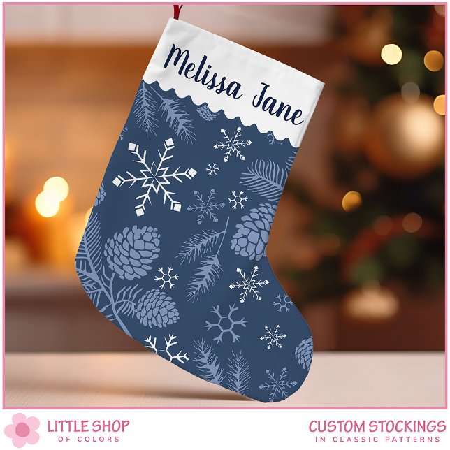 Navy Snowflakes and Pinecones Customizable Small Christmas Stocking (Creator Uploaded)