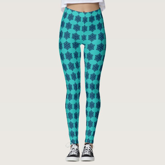 Navy Snowflakes Blue Green Leggings (Front)