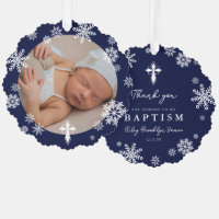 Navy Snowflakes Photo Winter Baptism Thank You