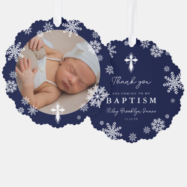 Navy Snowflakes Photo Winter Baptism Thank You Ornament Card (Front/Back)