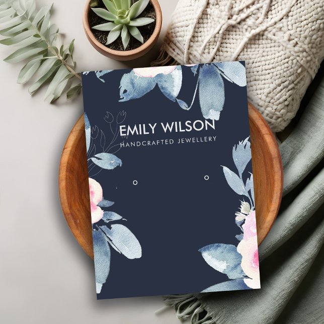 NAVY SOFT BLUSH BLUE FLORAL EARRING DISPLAY LOGO BUSINESS CARD (Creator Uploaded)