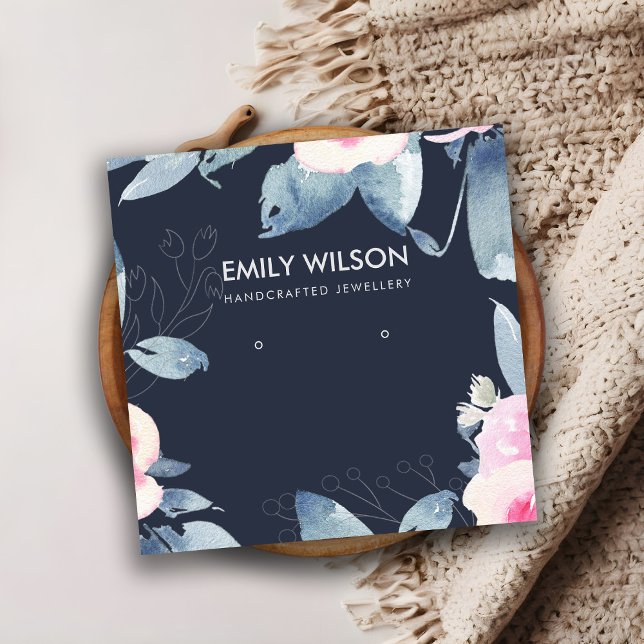 NAVY SOFT BLUSH BLUE FLORAL EARRING DISPLAY LOGO SQUARE BUSINESS CARD (Creator Uploaded)