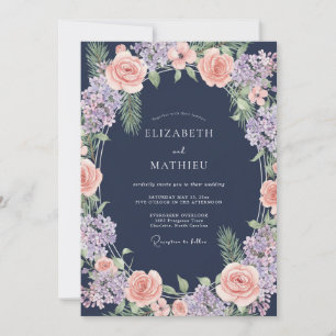Navy Soft Peach Botanical Wedding Invitation