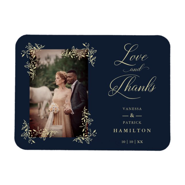 Navy Sophisticated Flourish Photo Wedding Thanks Magnet (Horizontal)