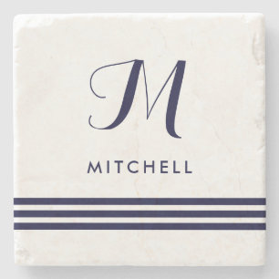 Navy Sophisticated Stripes Name and Monogram Stone Coaster