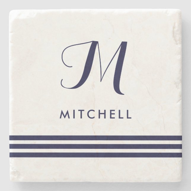 Navy Sophisticated Stripes | Name and Monogram Stone Coaster (Front)
