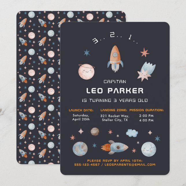 Navy Space | Galaxy Rocket Theme Invitation (Front/Back)