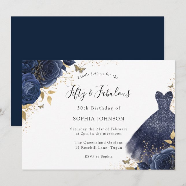 Navy Sparkle Dress 50th Birthday Fifty & Fabulous Invitation (Front/Back)