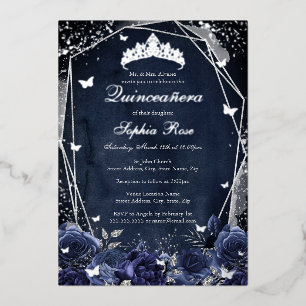 Navy Sparkle Flower Tiara Silver Quinceanera