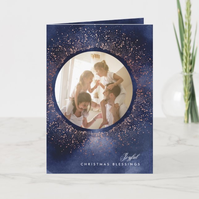 Navy Sparkle Star Christmas Holiday Photo Card (Front)