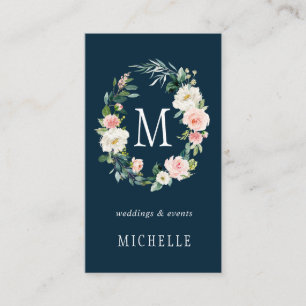 Navy Spring Blush Floral Wreath Monogram Business Card