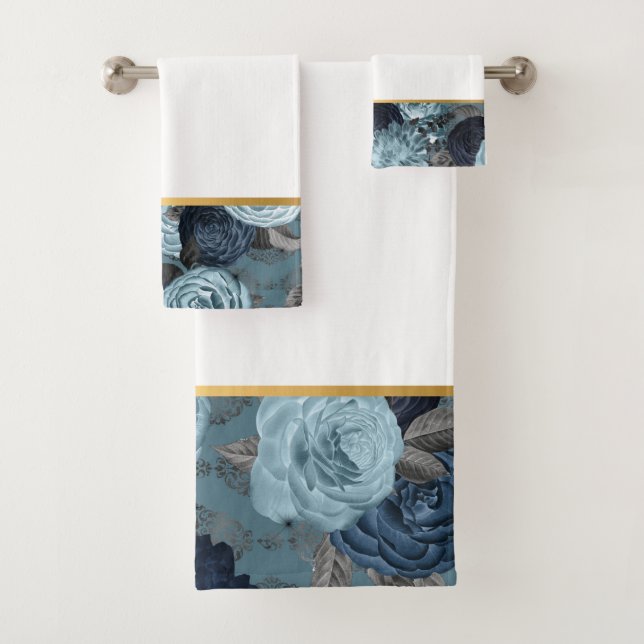 NAVY SPRING FLORAL BATHROOM TOWEL SET (Insitu)