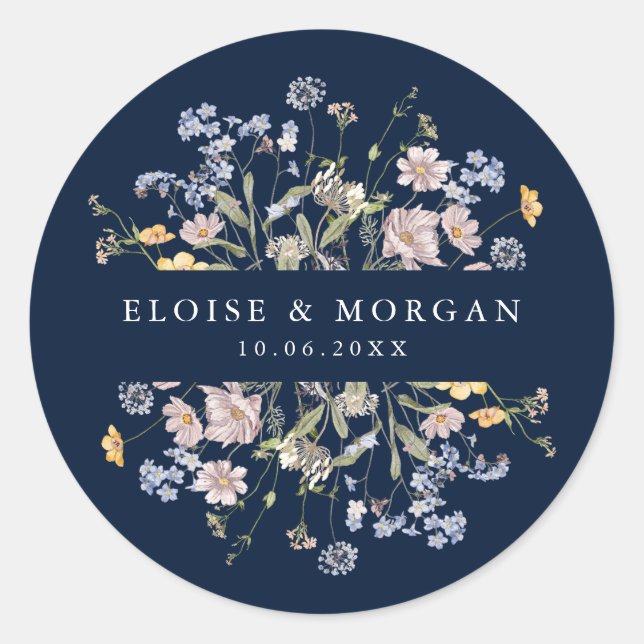 Navy Spring Wildflower Meadow Garden Wedding  Classic Round Sticker (Front)