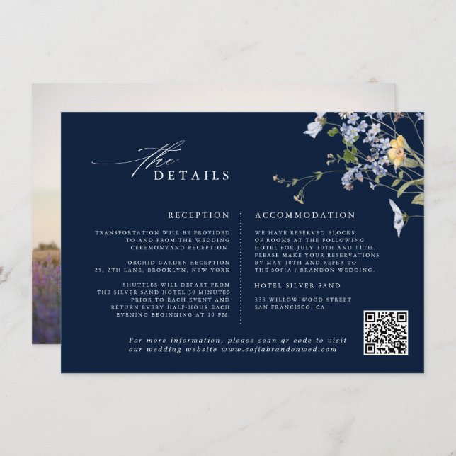 Navy Spring Wildflower Meadow Garden Wedding  Enclosure Card (Front/Back)