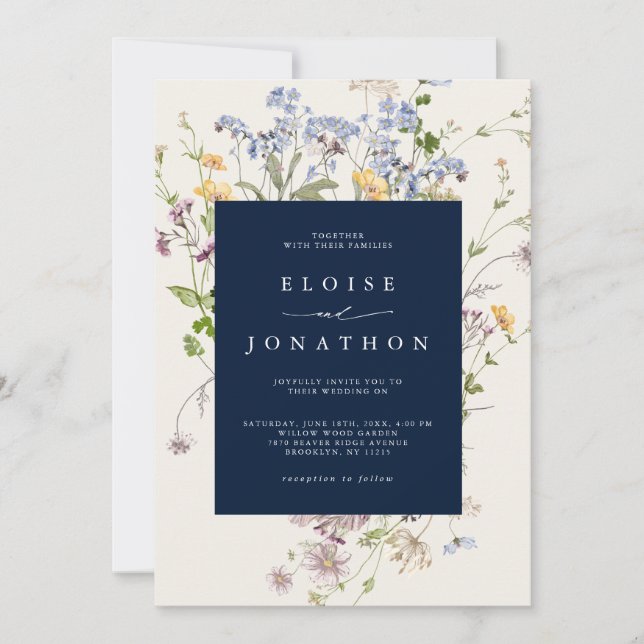 Navy Spring Wildflower Meadow Garden Wedding   Invitation (Front)