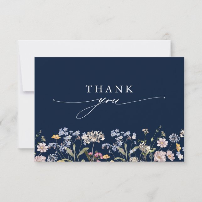 Navy Spring Wildflower Meadow Garden Wedding  Thank You Card (Front)
