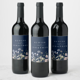 Navy Spring Wildflower Meadow Garden Wedding Wine Label