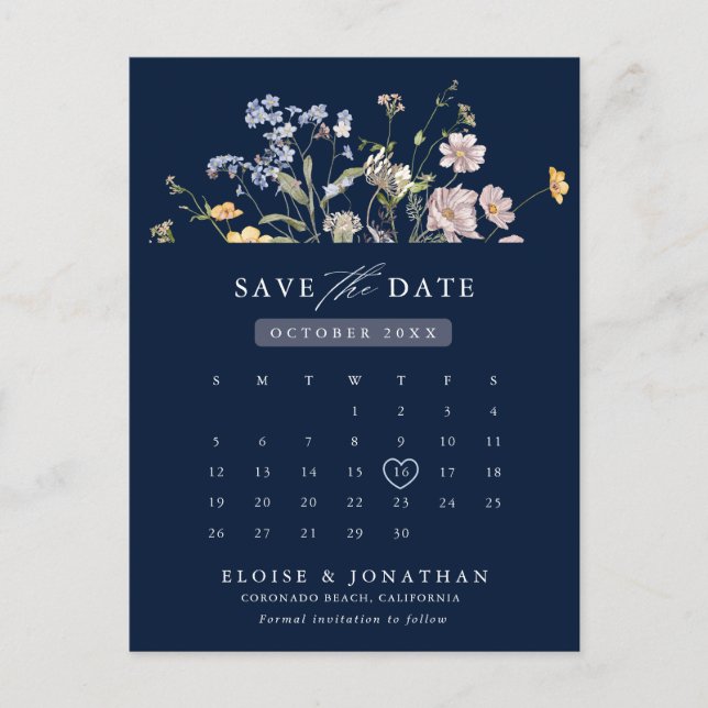 Navy Spring Wildflower Meadow  Save the Date Postcard (Front)