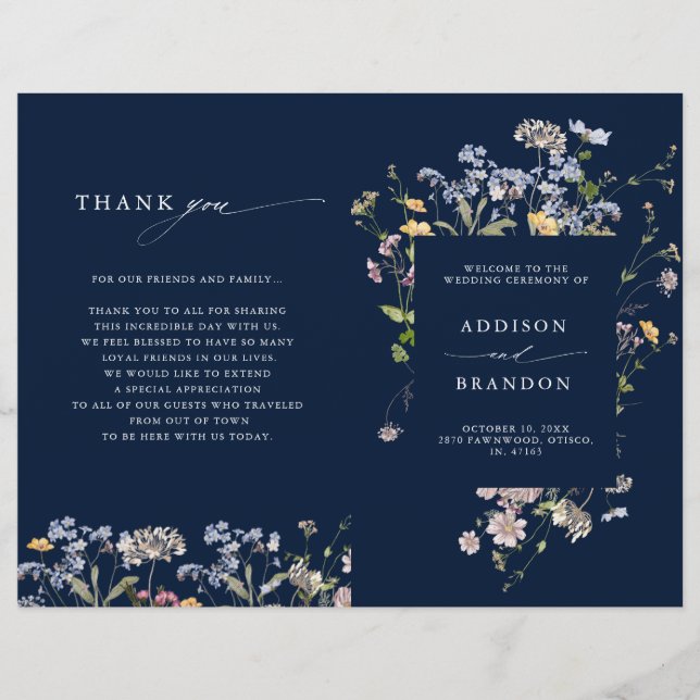 Navy Spring Wildflower Meadow  Wedding Program (Front)